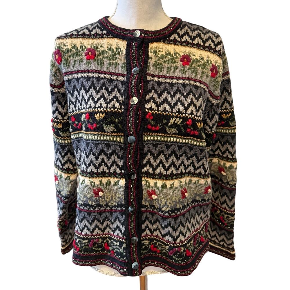 Vintage Talbots Fair Isle Hand Knit Cardigan Sweater Silk Cotton Blend M